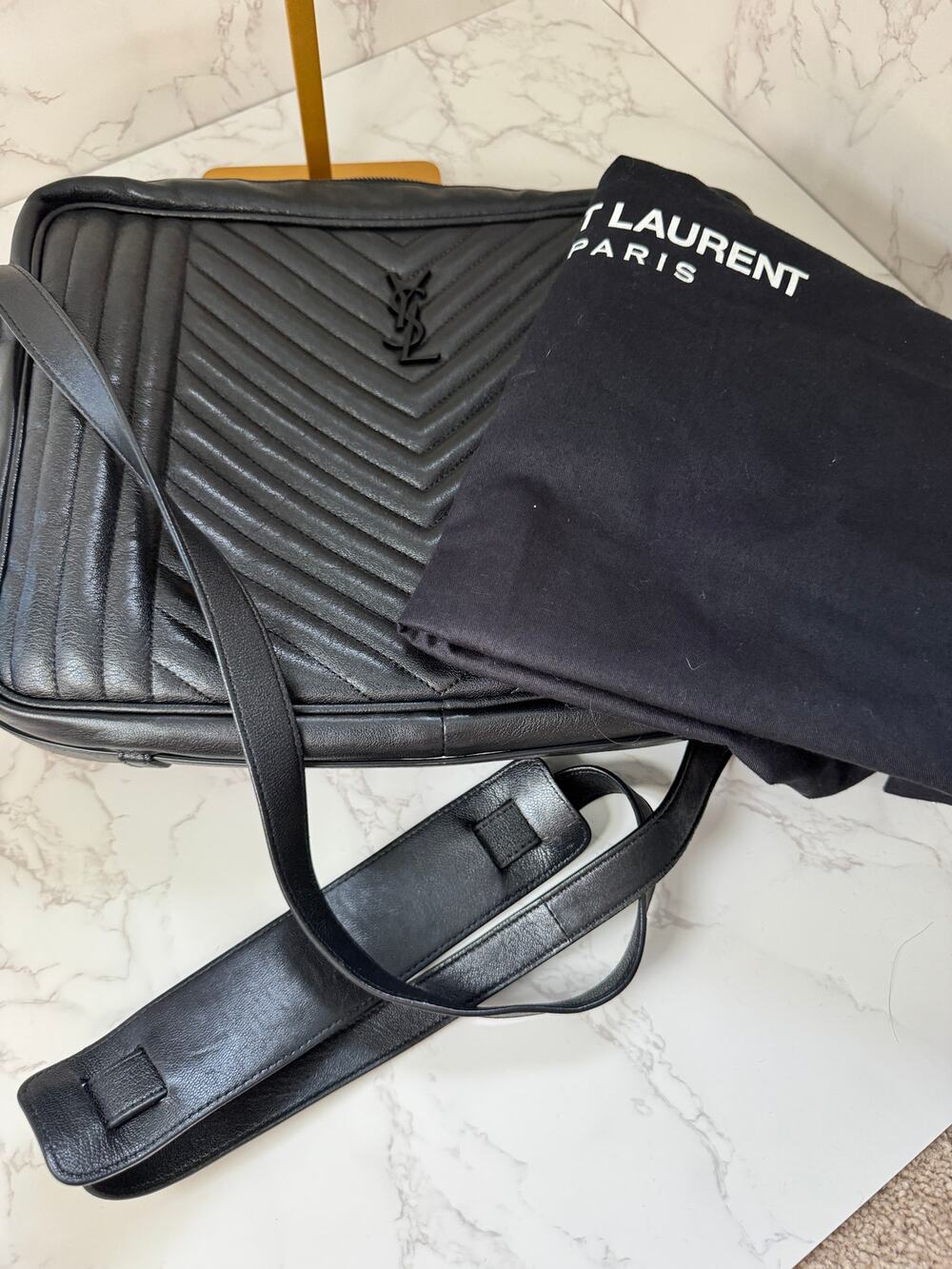 Yves Saint Laurent Large Lou Camera Bag in Black Chevron Calfskin